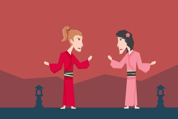 Иллюстрация Двух Девушек Кимоно — стоковый вектор