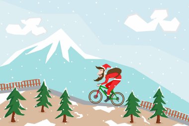 Noel Baba 'nın dağ yolunda bisiklet sürüşünün basit bir resmi. Ağaçlar ve kar arasında.