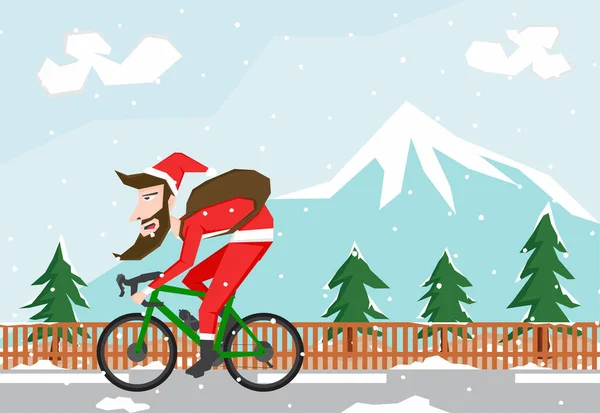 Proste Ilustracja Santa Claus Jazdy Rowerze Drodze Między Drzewami Śniegu — Wektor stockowy