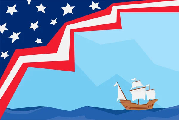 Columbus Day Φόντο Αμερικανική Σημαία Και Ένα Ιστιοφόρο Στη Θάλασσα — Διανυσματικό Αρχείο