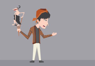 Geleneksel Cava kıyafetleri giyen ve elinde bir Wayang Kulit tutan bir çocuğun resmi.