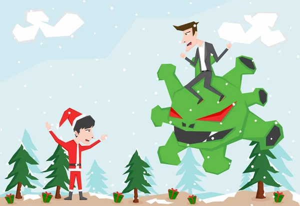 Ilustracja Świętego Mikołaja Chłopca Zablokowanego Przez Potwora Coronavirus — Wektor stockowy