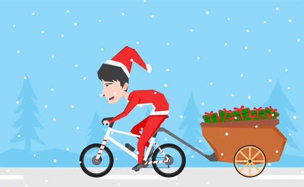 Prosta Ilustracja Chłopca Santa Claus Kostium Jazdy Rowerze Wyciągnął Koszyk — Wektor stockowy