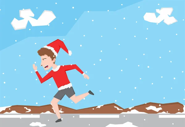 Ilustracja Chłopca Biegającego Stroju Świętego Mikołaja Śnieżnej Drodze — Wektor stockowy