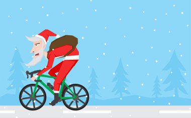 Karlı yolda bisiklete binen Noel Baba 'nın basit bir resmi ve biraz da fotokopi alanı.