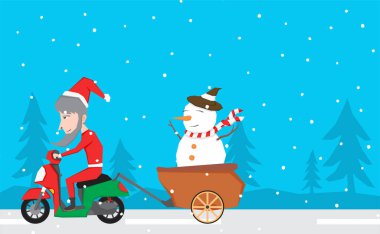 Noel Baba 'nın karlı yolda scooter sürüşünü ve kardan adamı arabayla getirişini gösteren bir resim.