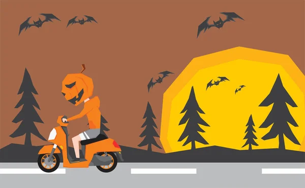 Illustration Man Halloween Pumpkin Costume Riding Scooter Night Forest Road — Vettoriale Stock