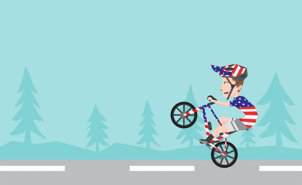 Illustration Boy American Attribute Riding Bike Some Wheelie Trick — Stok Vektör