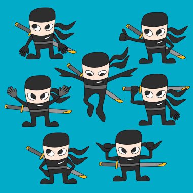 A set illustration of cute ninja character with black suit and sword. Ninja with Katana