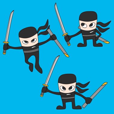 A set illustration of cute ninja character with black suit and sword. Ninja with Katana