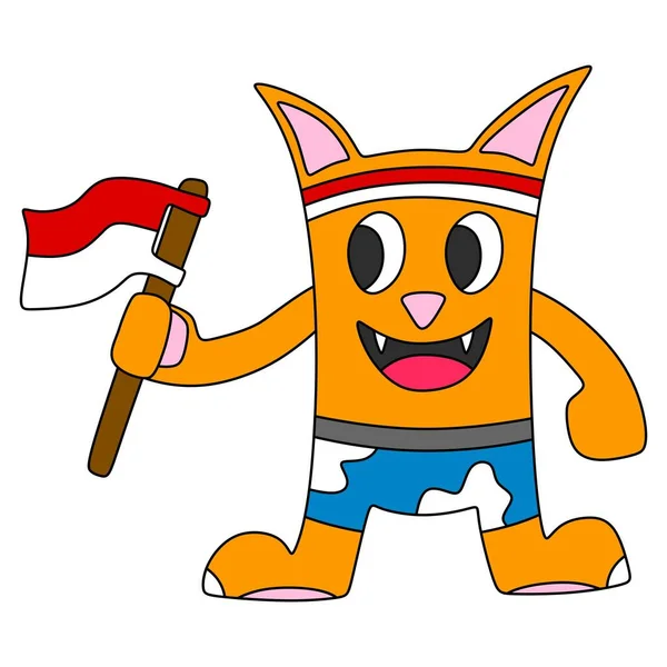 Illustration Cute Orange Cat Holding Indonesian Flag — Vettoriale Stock