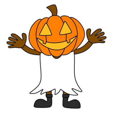An illustration of a cute Halloween pumpkin character