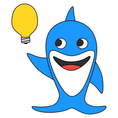 An illustration of a cute blue fish character with idea lamp
