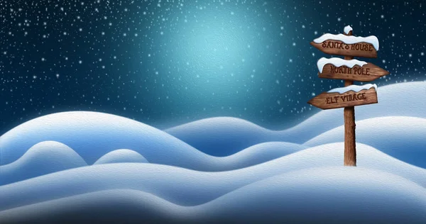 Trä Skylt Stolpe Nordpolen Snöfält Som Visar Vägen Till Santa — Stockfoto