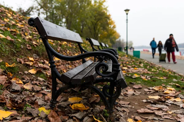 Bench Park Surrounded Autumn Leaves Pedestrians Background — Stock Photo, Image