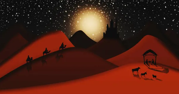 クリスマス キリスト降誕シーンの 賢者少女行くに会う赤ちゃんのイエス キリスト飼い葉桶に距離の図でベツレヘムの市 — ストック写真