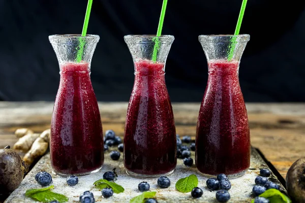 Smoothies Beetroot Blueberries Mint Glass Jar Fruits Vegetables Wooden Table — Stock Photo, Image