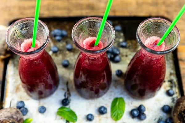 Juice Beetroot Blueberries Mint Glass Jar Fruits Vegetables Wooden Table — Stock Photo, Image