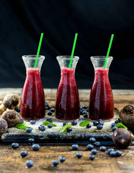 Juice Beetroot Blueberries Mint Glass Jar Fruits Vegetables Wooden Table — Stock Photo, Image