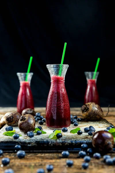 Juice Beetroot Blueberries Mint Glass Jar Fruits Vegetables Wooden Table — Stock Photo, Image