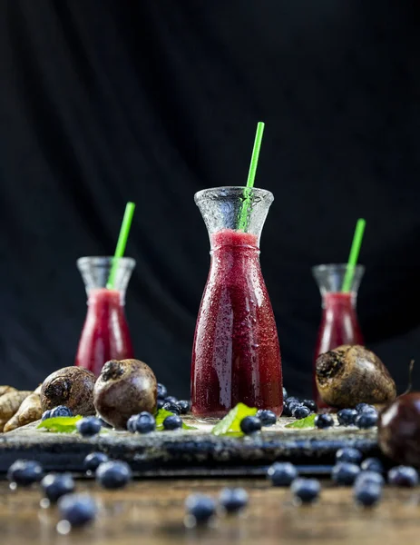Juice Beetroot Blueberries Mint Glass Jar Fruits Vegetables Wooden Table — Stock Photo, Image
