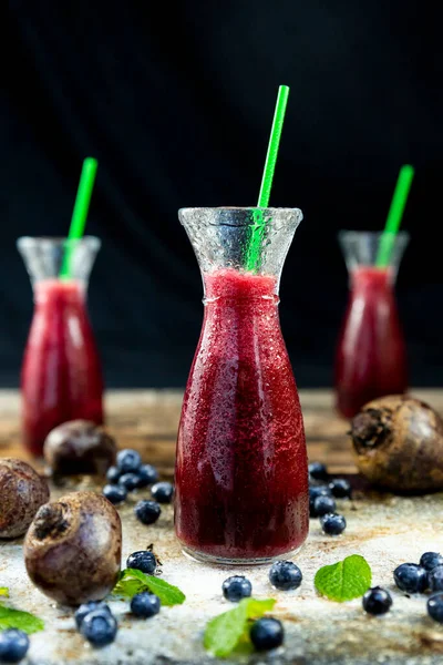 Juice Beetroot Blueberries Mint Glass Jar Fruits Vegetables Wooden Table — Stock Photo, Image