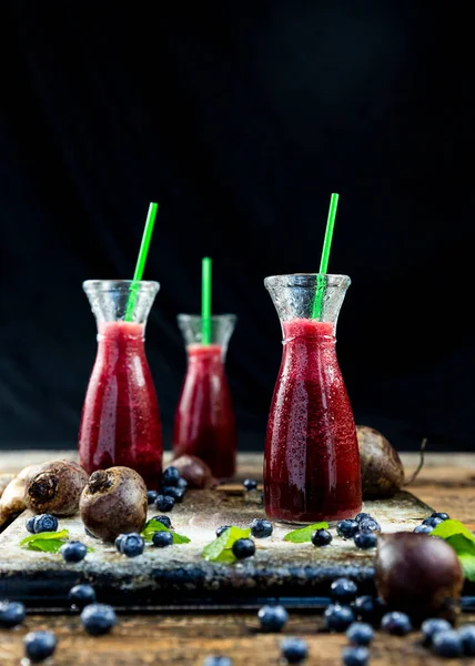Juice Beetroot Blueberries Mint Glass Jar Fruits Vegetables Wooden Table — Stock Photo, Image
