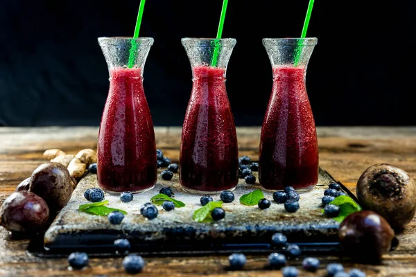 Smoothies Beetroot Blueberries Mint Glass Jar Fruits Vegetables Wooden Table — Stock Photo, Image