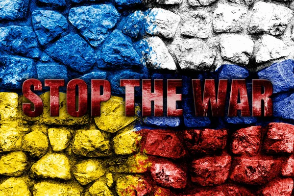 Zastavte Válku Ruské Ukrajinské Vlajky Namalované Kamenné Zdi Válečný Koncept — Stock fotografie
