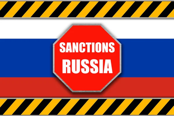 Sancties Aan Rusland Stop Teken Waarschuwingstape Russische Vlag Illustratie — Stockfoto