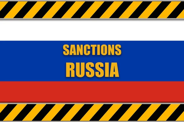 Sanzioni Alla Russia Attenzione Nastro Testo Sopra Bandiera Russa Illustrazione — Foto Stock