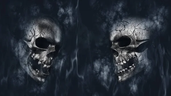 人間の頭蓋骨はすべて割れ 火と煙で焼かれました ハロウィン 戦闘コンセプト3Dイラスト — ストック写真