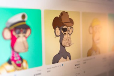 Belgrade, Serbia - March 18, 2022: The Bored Ape Yacht Club NFT (BAYC) is the collection of the most expensive NFTs. Collection of 10,000 ape avatars. Non fungible token on computer monitor clipart