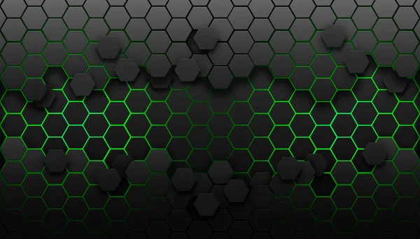 Hexagonal dark grey grid with green light. Copy space, add text or logo. Modern ,futuristic, cyber, tech background illustration