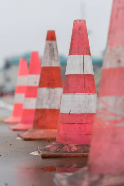 Traffic Cones Wet Road Caution Danger Warning Signs — Photo