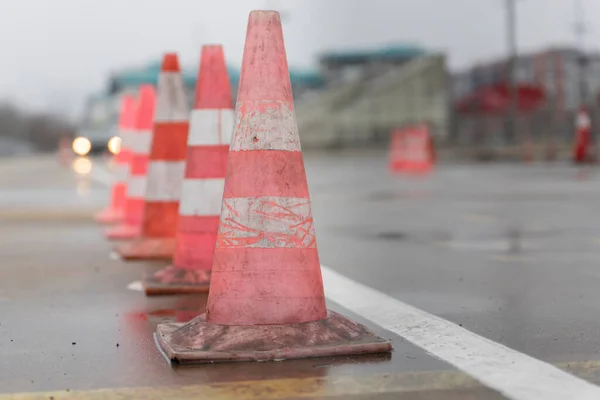 Traffic Cones Wet Road Caution Danger Warning Signs — Photo