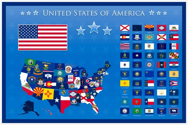 United States of America Map and Federal state flags poster illustration