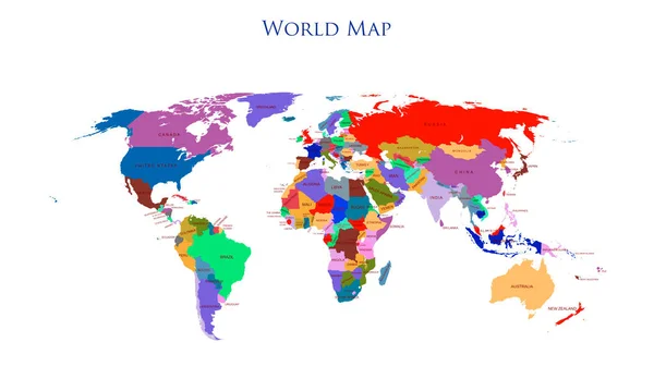 Colorido Mapa Del Mundo Detallado Con Todos Los Países Nombres — Foto de Stock