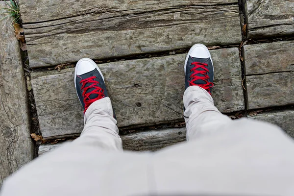 Man Looking His Sneakers Point View Top View — Stock Photo, Image