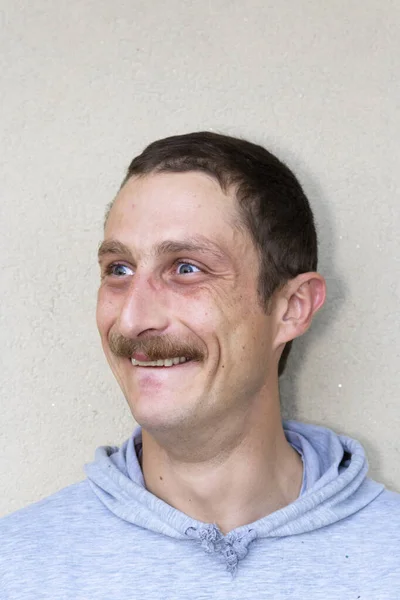 Portrait Young Delighted Crazy Man Isolated Gray Background Face Expressions — Stock Photo, Image