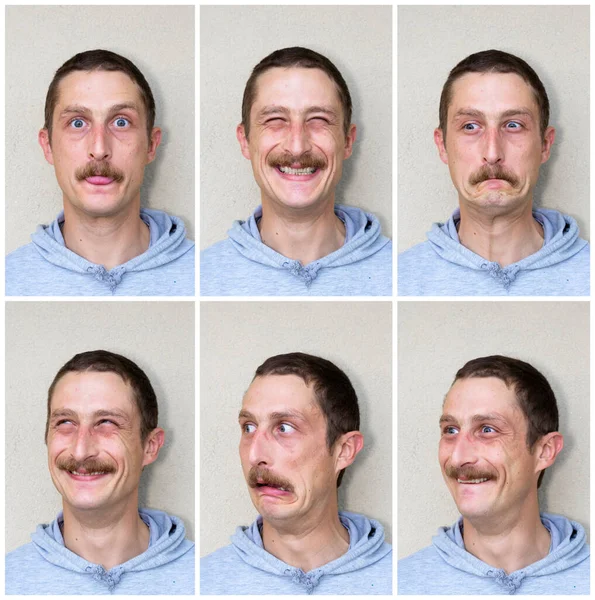 Złożony Wielu Portretów Tego Samego Człowieka Różnych Wyrażeniach Szczęśliwy Smutny — Zdjęcie stockowe