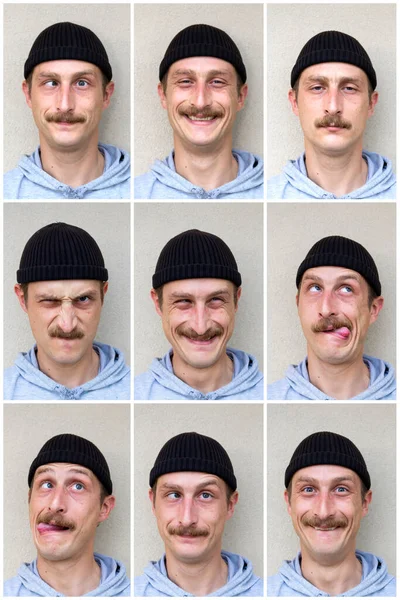 Samenstelling Van Meerdere Portretten Van Dezelfde Man Verschillende Uitdrukkingen Gelukkig — Stockfoto