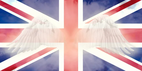 Queen Elizabeth Union Jack Flag Angel Wings Heavenly Clouds Illustration — стоковое фото