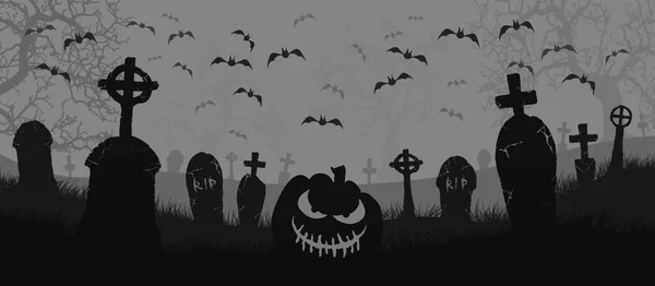 Abóbora Halloween Morcegos Cemitério Feliz Banner Halloween Ilustração — Fotografia de Stock