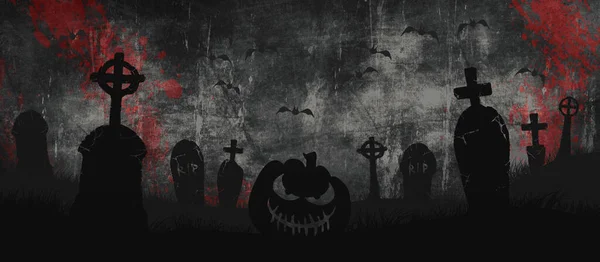 Feliz Banner Halloween Abóbora Halloween Morcegos Cemitério Ilustração — Fotografia de Stock