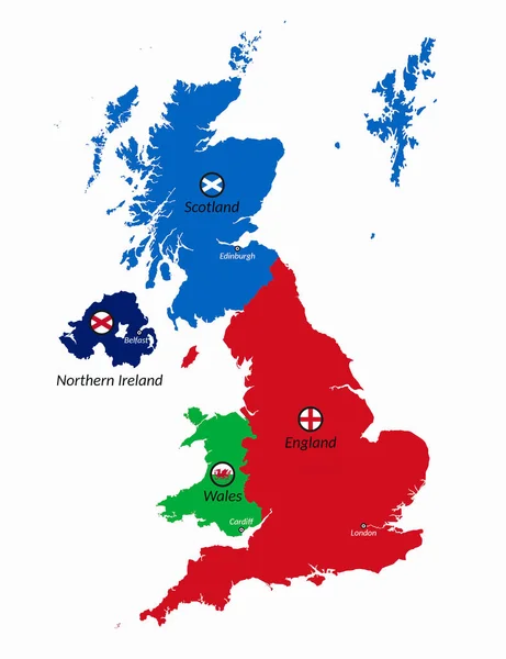 Карта Великобритании Территориями Флагами Англии Шотландии Северной Ирландии Уэльса Иллюстрация — стоковое фото