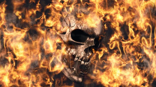 Human skull all cracked and decayed burning in flames. Halloween concept 3D illustration