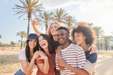 Bir grup güzel beyaz ve Afro-Amerikalı birlikte iyi vakit geçiriyorlar. Eşitlik kavramı, melez ırk, genç arkadaşlar, öğrenciler.