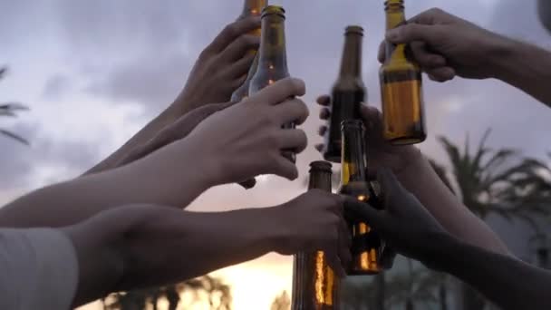 Primer plano de las manos de un grupo de amigos animando con cerveza afuera. Concepto de verano, amigos, puesta del sol, celebración, — Vídeos de Stock