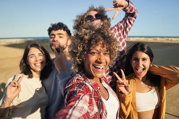Ομάδα πολυφυλετικών χαρούμενων φίλων που βγάζουν selfie και διασκεδάζουν μαζί. — Φωτογραφία Αρχείου